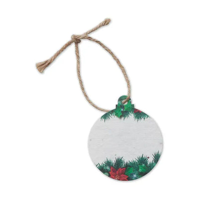 Ornament de craciun circular din hartie cu seminte, decor alb cu pin verde si craciunita rosie, legat cu sfoara naturala