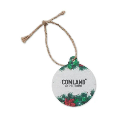 Ornament de craciun din lemn alb cu design de vâsc verde si floare de crăciun roșie logo comland always connected negru