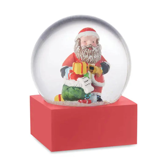 Ornament de sticla cu bile de zapada cu baza rosie din plastic si glob de sticla cu mos craciun rosu si alb cu daruri