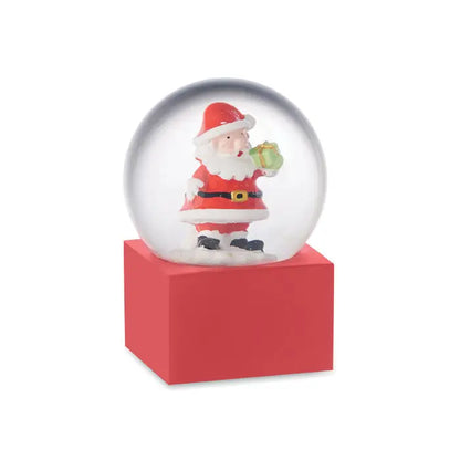 Ornament mic din sticla cu bile de zapada cu baza rosie si glob transparent cu mos craciun miniatural in costum traditional