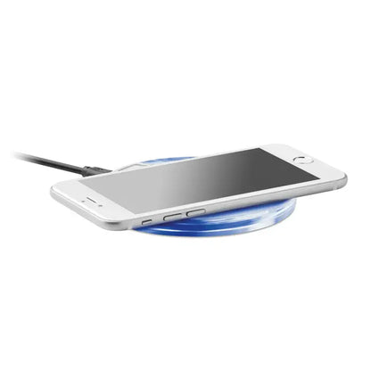 Pad de incarcare wireless 15w circular cu baza translucida albastra si margini metalice argintii pentru incarcare rapida