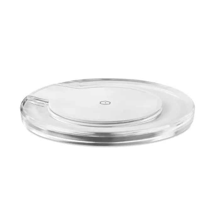 Pad de incarcare wireless 15w din acril transparent cu zona centrala alba si logo hexagonal subtil