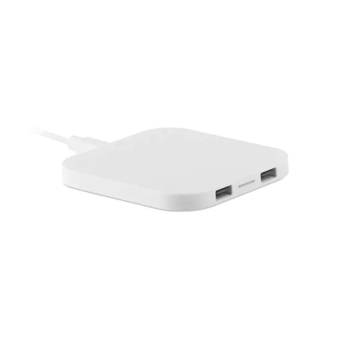Hub de încărcare usb alb dreptunghiular cu două porturi și cablu conectat pentru pad de încărcare wireless 5w