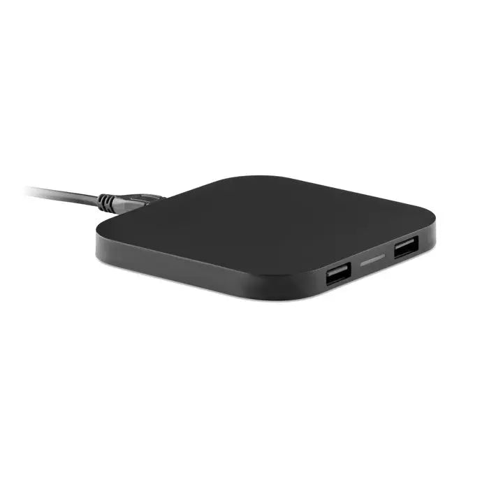 Pad de incarcare wireless 5w negru dreptunghiular cu doua porturi usb si cablu de alimentare conectat