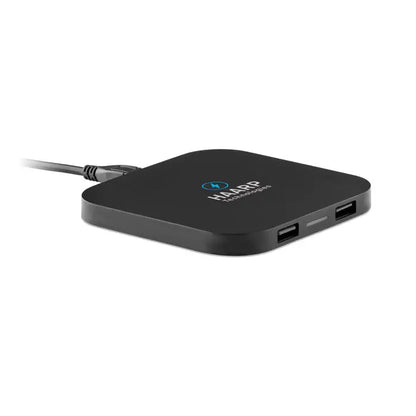 Pad de incarcare wireless 5w negru cu doua porturi usb si cablu de alimentare conectat vazut din spate