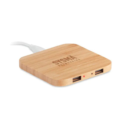 Pad de incarcare wireless din bambus 5w cu hub de incarcare din lemn bamboo si doua porturi usb alb