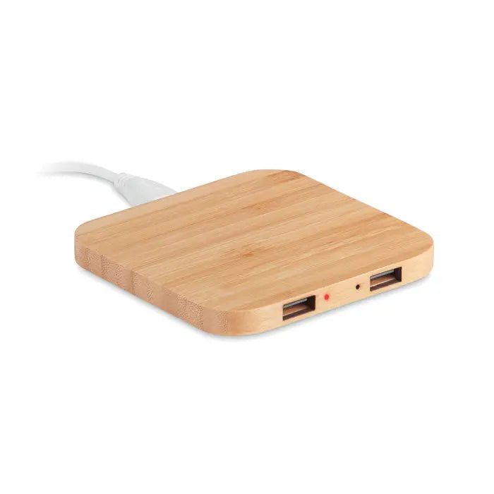 Pad de incarcare wireless din bambus 5w usor maro deschis cu doua porturi usb si cablu de alimentare alb