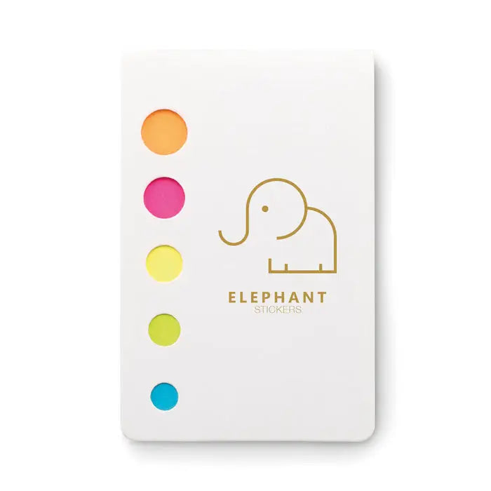 Pad marcatori de pagina a alb cu logo elefant auriu si decupaje colorate portocaliu roz galben verde si albastru