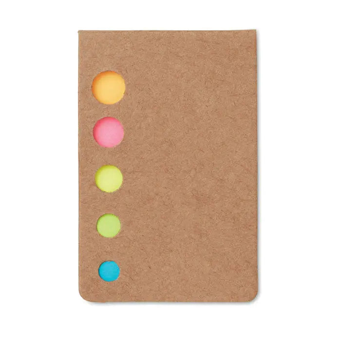 Pad marcatori de pagina din hartie kraft maro cu cinci note aderente circulare colorate in galben roz verde lime verde deschis si albastru aranjate vertical