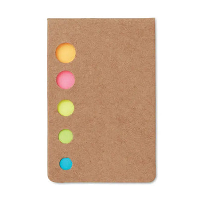 Pad marcatori de pagina din hartie kraft maro cu cinci note aderente circulare colorate in galben roz verde lime verde deschis si albastru aranjate vertical