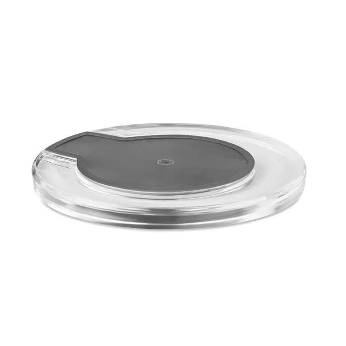 Pad rotund de incarcare wireless 5W din acril transparent cu zona centrala gri inchis pentru incarcare rapida