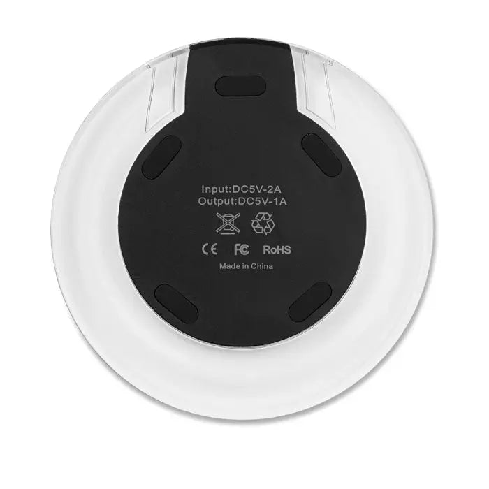 Pad rotund de incarcare wireless 5w alb cu baza centrala neagra si specificatii tehnice pe spate