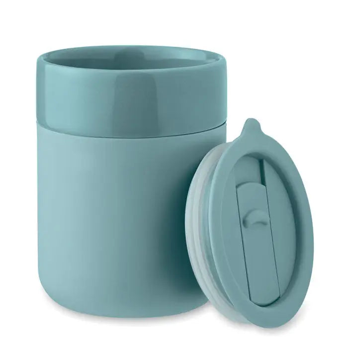 Pahar ceramic 330 ml borcan pentru alimente izolat teal mat cu capac flip-top si maner integrat