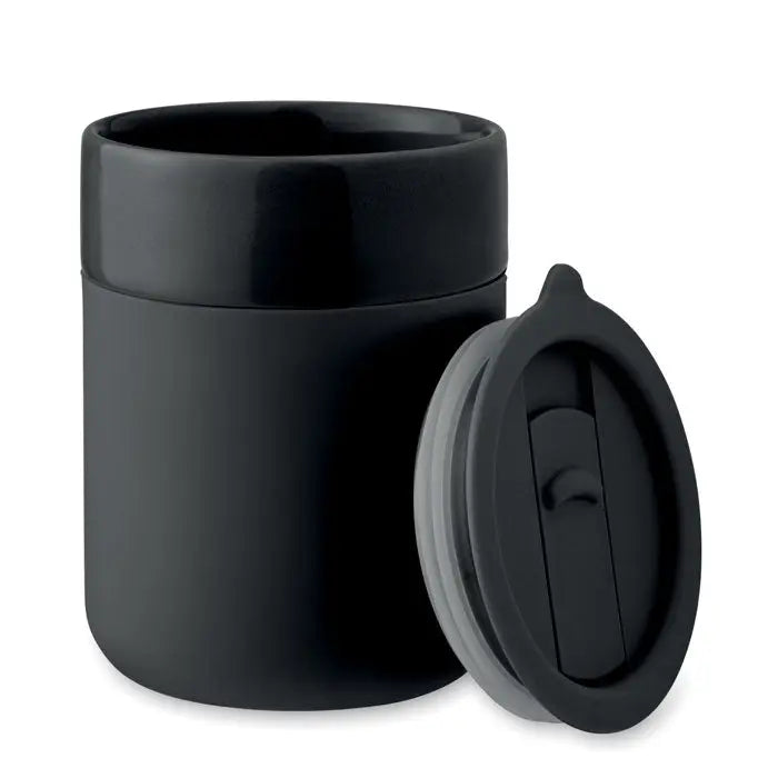 Cană pahar ceramic 330 ml neagră mată din ceramică cu capac asortat și mâner mic pentru cafea
