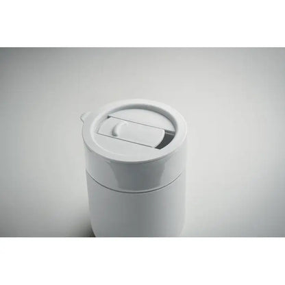 Pahar ceramic 330 ml cană de călătorie albă cilindrică din ceramică cu design minimalist și capac cu mecanism flip-top integrat