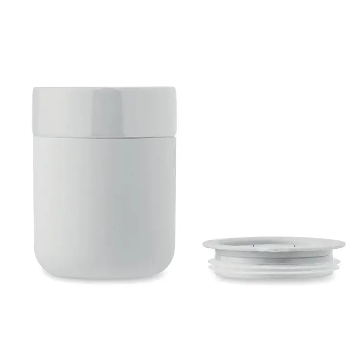 Pahar ceramic 330 ml cana de voiaj alba din ceramica cu capac asortat si baza filetată