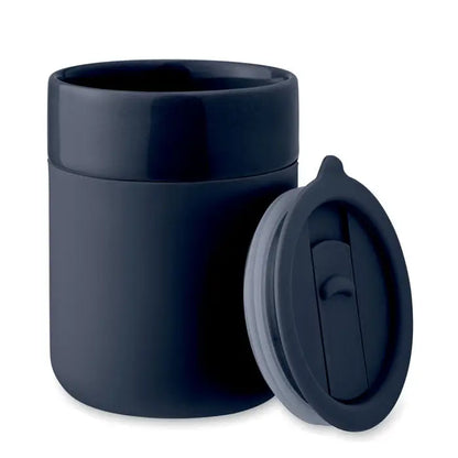 Pahar ceramic 330 ml cană de călătorie din ceramică albastru închis cu capac asortat și mâner mic