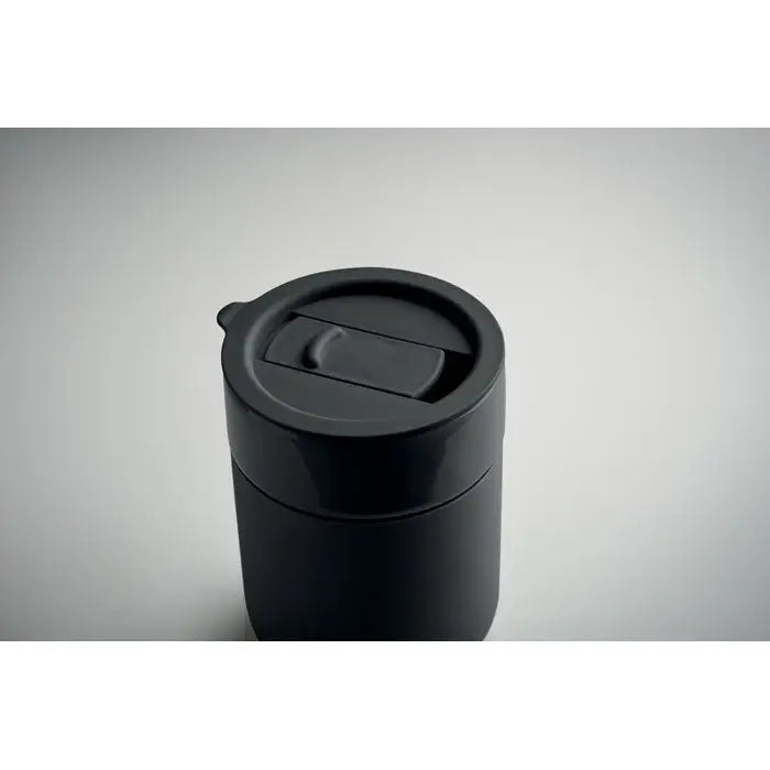 Pahar ceramic 330 ml travel mug negru cilindric cu capac mat si sigiliu flip-top integrat
