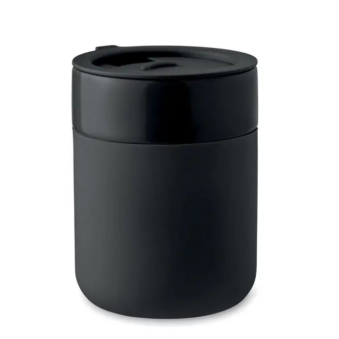 Pahar ceramic 330 ml cană de călătorie cilindrică neagră mată cu capac și mâner integrat
