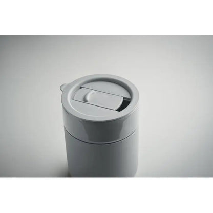 Pahar ceramic 330 ml căldare de voiaj gri cilindrică din ceramică cu design minimalist și capac cu mâner integrat