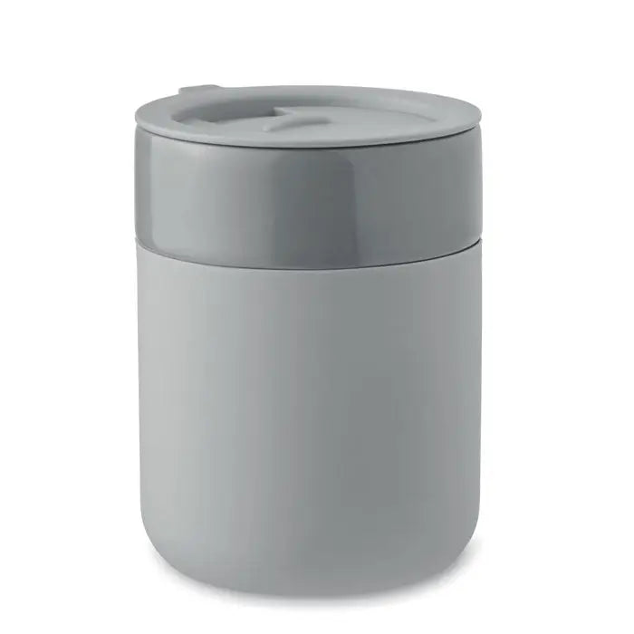 Recipient ceramic pahar gri cilindric izolat de 330 ml cu capac și mâner mic pentru alimente