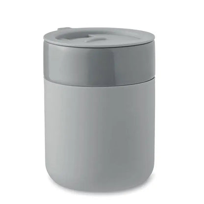 Recipient ceramic pahar gri cilindric izolat de 330 ml cu capac și mâner mic pentru alimente
