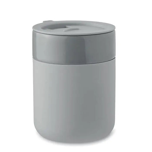 Recipient ceramic pahar gri cilindric izolat de 330 ml cu capac și mâner mic pentru alimente