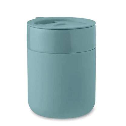 Recipient alimentar ceramic pahar 330 ml cilindric mat teal cu capac si maner integrat