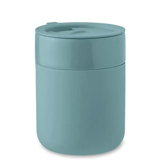 Recipient alimentar ceramic pahar 330 ml cilindric mat teal cu capac si maner integrat