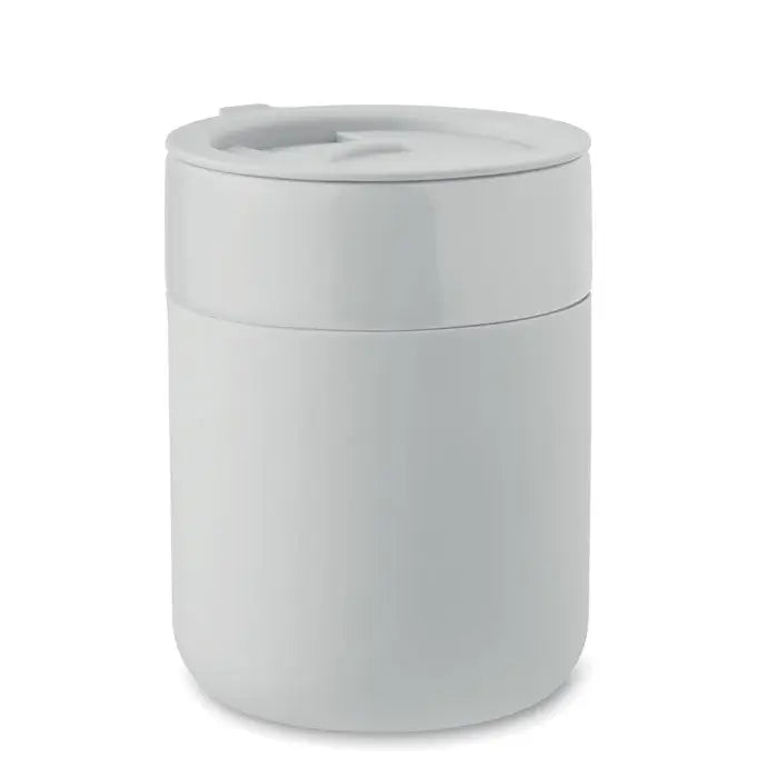 Recipient alimentar cilindric alb din ceramică pahar ceramic 330 ml cu capac și mâner mic