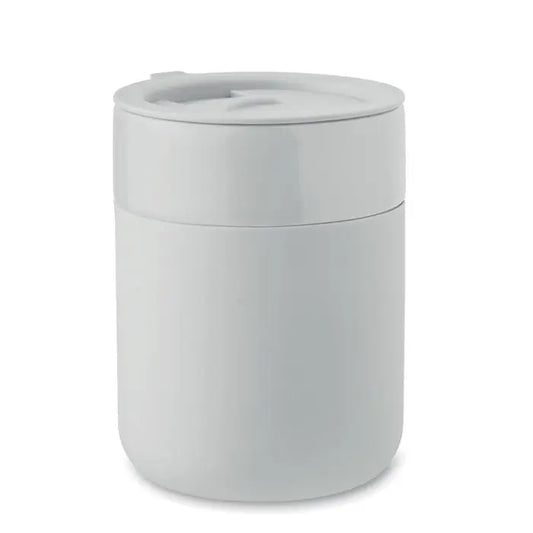 Recipient alimentar cilindric alb din ceramică pahar ceramic 330 ml cu capac și mâner mic
