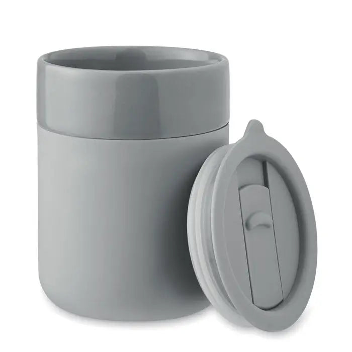 Gray ceramic insulated pahar 330 ml food container with matching lid and flip-top seal for easy use