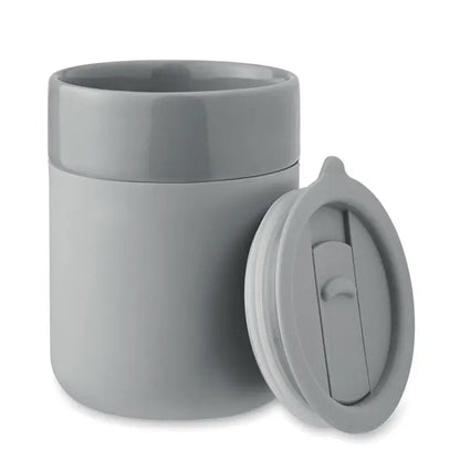 Gray ceramic insulated pahar 330 ml food container with matching lid and flip-top seal for easy use