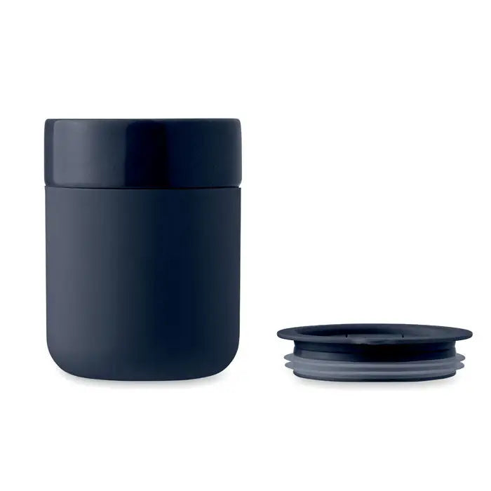 Recipient cilindric ceramic pahar 330 ml culoare bleumarin inchis cu capac si etansare din silicon