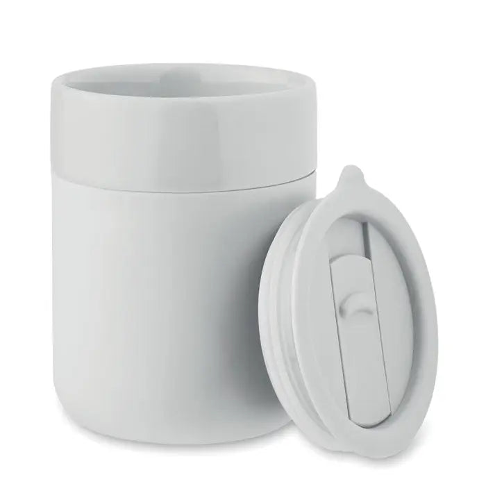 Borcan alimentar izolat ceramic pahar alb 330 ml cu capac rabatabil din ceramică albă