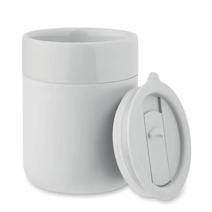 Borcan alimentar izolat ceramic pahar alb 330 ml cu capac rabatabil din ceramică albă