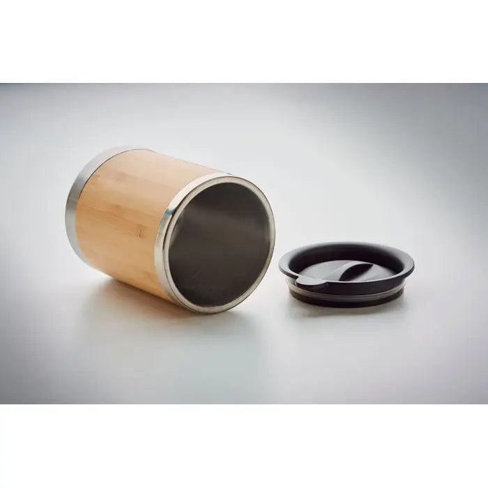 Pahar cu capac din bambus 250ml cu accente din otel inoxidabil si capac negru pentru calatorii elegante