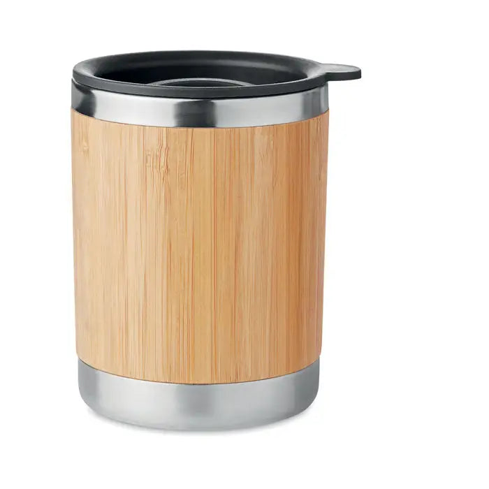 Pahar cu capac din bambus 250ml cu finisaj din bambus, accente din inox și capac negru cu orificiu rabatabil