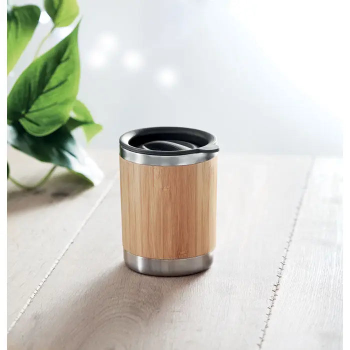 Pahar cu capac din bambus 250ml cu lid negru din otel inoxidabil si bambus pentru calatorii
