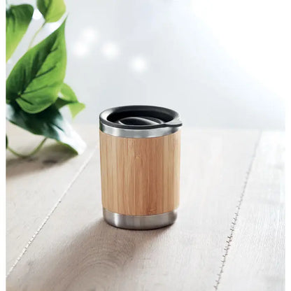 Pahar cu capac din bambus 250ml cu lid negru din otel inoxidabil si bambus pentru calatorii