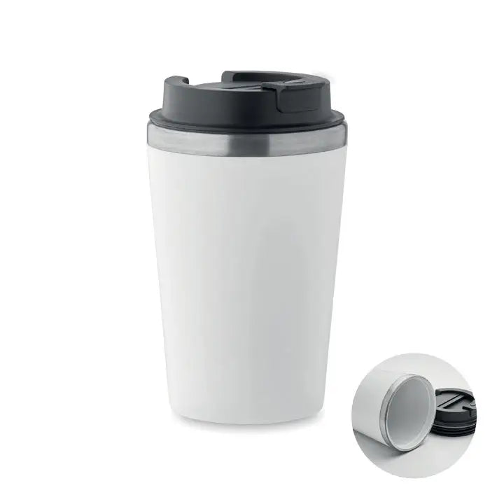 Pahar cu captuseala ceramica alb cu capac negru si margine argintie pentru bauturi calde 350 ml