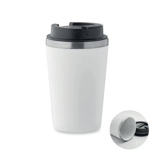 Pahar cu captuseala ceramica alb cu capac negru si margine argintie pentru bauturi calde 350 ml