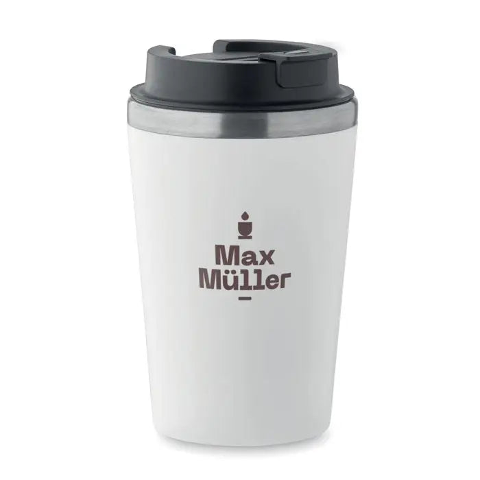 Pahar cu captuseala ceramica 350 ml alb cu capac negru si logo max müller maro