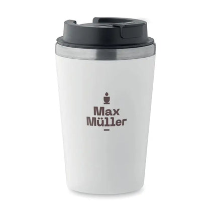Pahar cu captuseala ceramica 350 ml alb cu capac negru si logo max müller maro