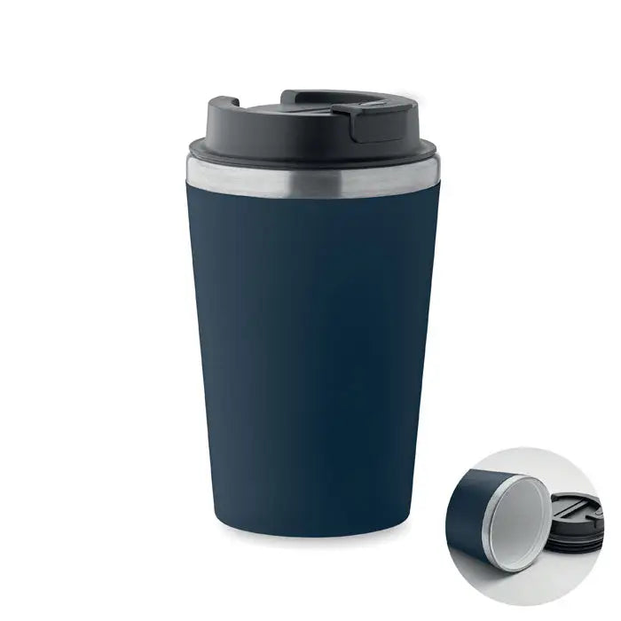 Pahar cu captuseala ceramica de 350 ml, termos de calatorie albastru inchis cu capac negru si margine argintie