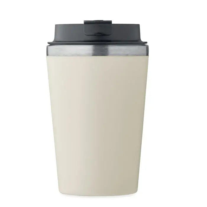 Pahar cu captuseala ceramica 350 ml beige cu capac negru si margine argintie ideal pentru calatorii