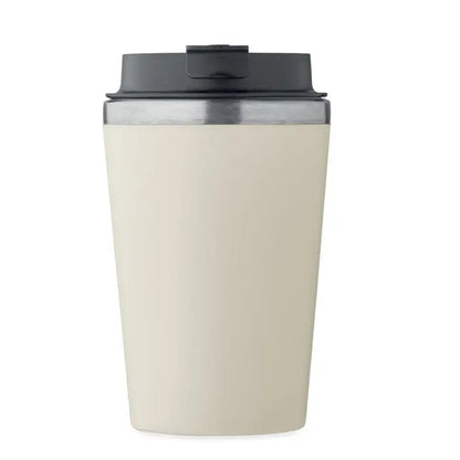 Pahar cu captuseala ceramica 350 ml beige cu capac negru si margine argintie ideal pentru calatorii