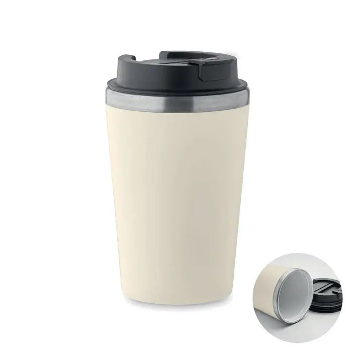 Pahar cu captuseala ceramica de 350 ml crem cu capac negru si margine argintie pentru calatorii