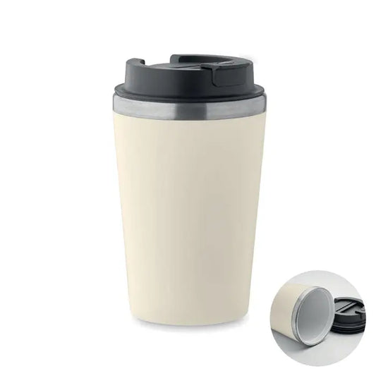 Pahar cu captuseala ceramica de 350 ml crem cu capac negru si margine argintie pentru calatorii