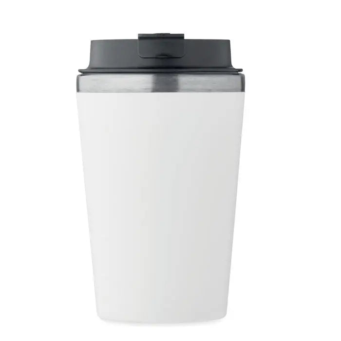 Pahar cu captuseala ceramica de 350 ml alb cu capac negru si margine argintie, termos de calatorie izolant